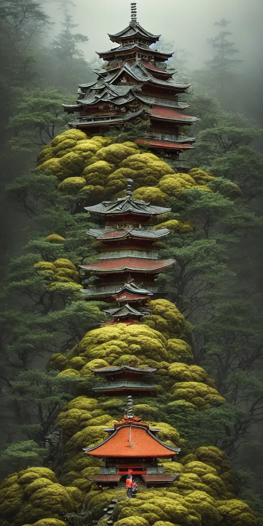 Image similar to japanese style shrine on top of a misty mountain overgrown by glowing mushrooms, hyper realistic, lush gnarly plants, 8 k, denoised, by greg rutkowski, tom bagshaw, james gurney cinematic lighting
