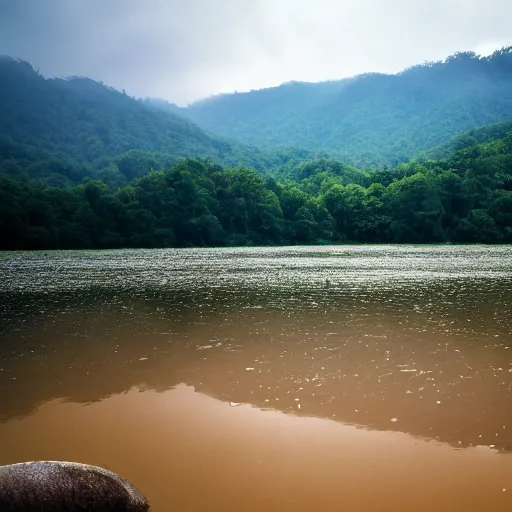 Prompt: Photograph of the Great Smokey Mountains flooded by orange juice