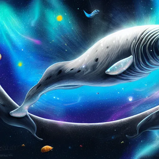 Prompt: Photorealistic psychedelic whale in outer space, Hyperdetailed, beautiful colors, 108 Megapixels, Artstation concept art