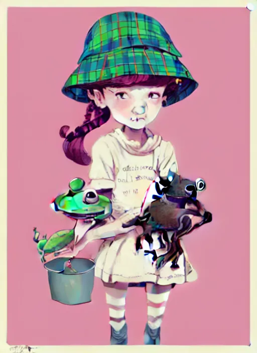 Image similar to highly detailed portrait of a cute fairy girl with a bucket hat holding a frog plushie, tartan hoody, photographic realistic background, ringlet hair by atey ghailan, by greg rutkowski, by greg tocchini, by james gilleard, by joe fenton, by kaethe butcher, gradient pink, cream, celeste and white color scheme, trending in instagram, award winning details