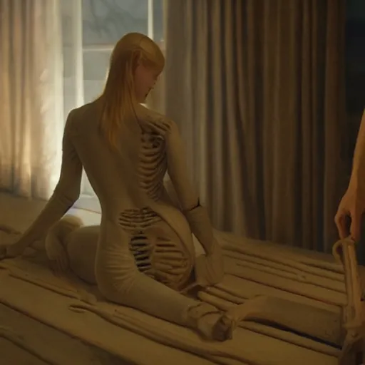 Image similar to Elle Fanning pulling a skeleton from its grave at night in the world of Edward Hopper, stormy weather, extremely detailed masterpiece, oil on canvas, low-key neon lighting, artstation, Blade Runner 2049, Roger Deakin’s cinematography, by J. C. Leyendecker and Peter Paul Rubens,