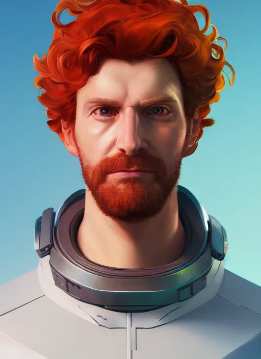 Image similar to synthwave portrait of curly orange hair man from overwatch, au naturel, hyper detailed, digital art, trending in artstation, cinematic lighting, studio quality, smooth render, unreal engine 5 rendered, octane rendered, art style by klimt and nixeu and ian sprigger and wlop and krenz cushart.