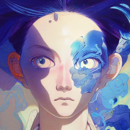 Image similar to prompt : blue portrait soft light painted by james jean and katsuhiro otomo and erik jones, inspired by evangeleon anime, smooth face feature, intricate oil painting, high detail illustration, sharp high detail, manga and anime 1 9 9 0