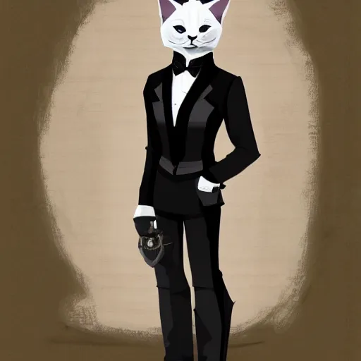 Image similar to d & d style full body portrait, tabaxi male in a tuxedo.