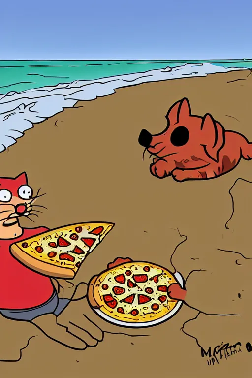 Prompt: digital drawing of a cat eating pizza on the beach by matt groening