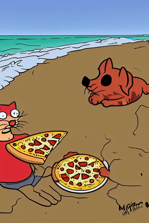 Image similar to digital drawing of a cat eating pizza on the beach by matt groening