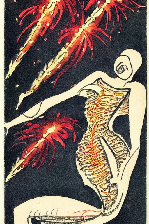 Prompt: anatomical illustration of fireworks, 1920s art deco, by Telemaco Signorini, vintage postcard, a vintage anime 70s comic book watercolor by Victor Brauner