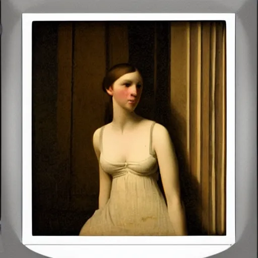 Prompt: a girl in a room, old polaroid by ingres, by hayez, digital painting, strong lights, flat colors, pastel colors, eerie, nostalgic