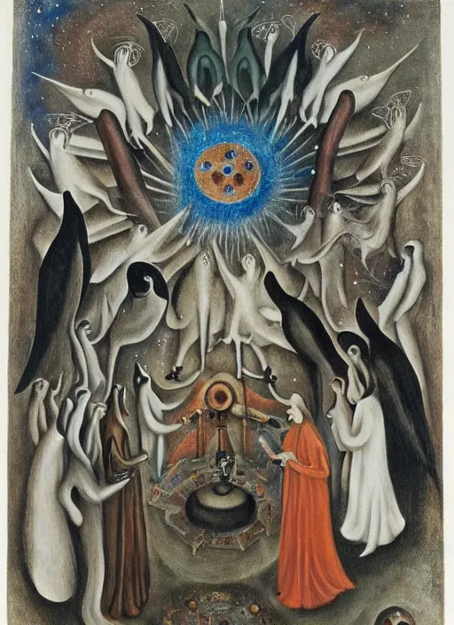 Image similar to a group of celestial beings communicating with weird machines by leonora carrington