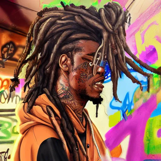 Prompt: a man with dreads and a hoodie freestyle rapping on a crowded subway covered in graffiti, trending on artstation, digital art