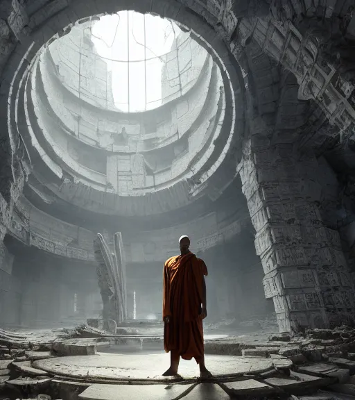 Image similar to monk standing in a futuristic stand in the ancient destroyed tower of babylon, hyper realistic, blockchain, cyber world, ambient lighting, concept art, intricate, hyper detailed, tarkovsky greatest scene, smooth, dynamic volumetric lighting, octane, ray trace, cinematic, high quality, high resolution, 4 k, cgsociety, greg rutkowski, gurney