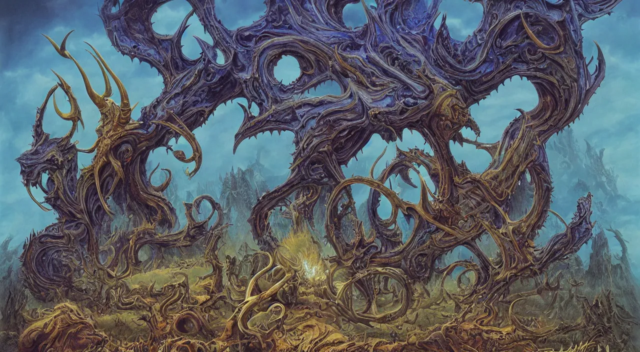 Image similar to a detailed portrait of a demon with long horns and spikes on its back. huge razor claws and fiery vortex eyes in a mystic cosmic labrynth, by roger dean, by robert hubert, by laurie lipton, detailed, realistic shadows, volumetric lighting, mythical creatures, rendered in redshift, matte painting