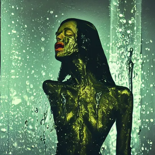 Prompt: dark green steamy hi-tech sci-fi lab at night, realistic gustave coubert painting of hideous and sick black onyx skin woman dressed in rags exposed guts crawling in two legs and dripping golden metalic fluid from intestine into a puddle of golden liquid on the floor. Smokey atmosphere