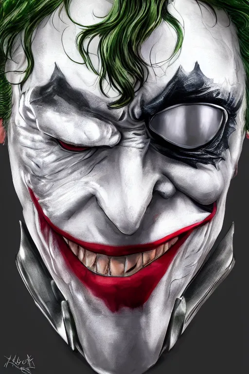 Image similar to Joker wearing armor, artstation, highly detailed, highly realistic