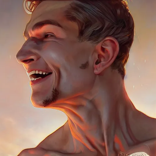 Image similar to character concept, portrait, symmetrical head - on centralized, laughing young man with strong body. detailed, high quality, dynamic lightning, fantasy, scenematic. artwork by artgerm, wlop, alex ross, greg rutknowski, alphonse mucha