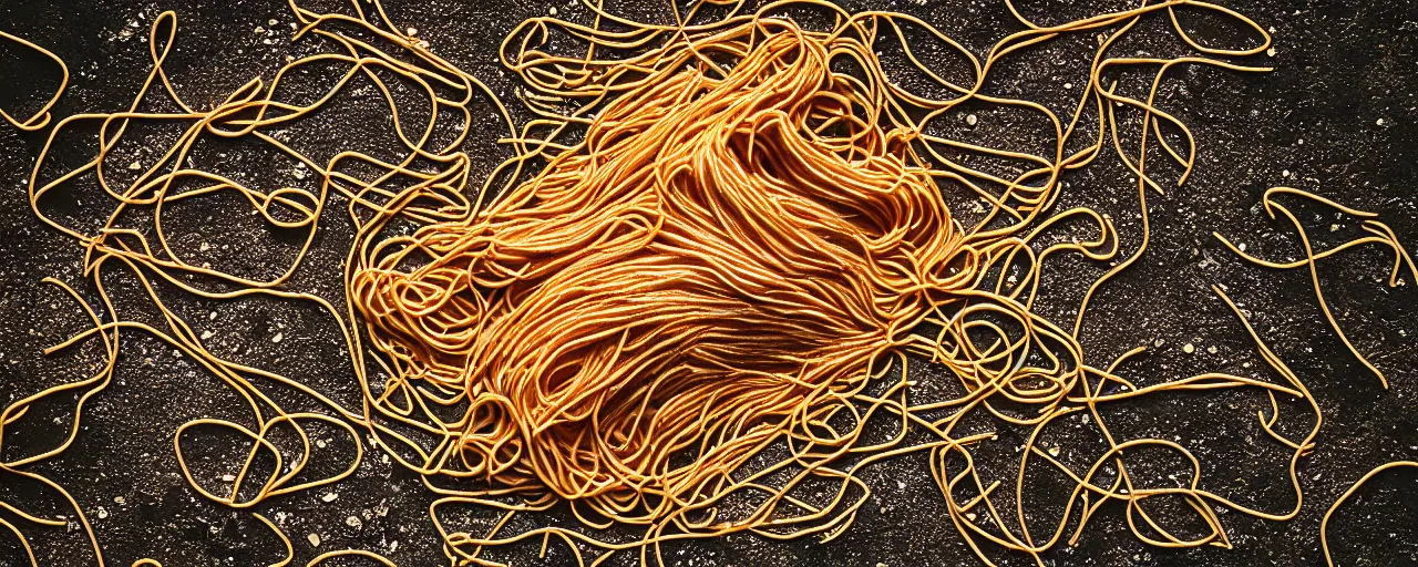 Prompt: the remnants of spaghetti, decomposing earth, gritty, nikon 2 8 mm, f 1. 8, kodachrome, retro, in the style of wes anderson