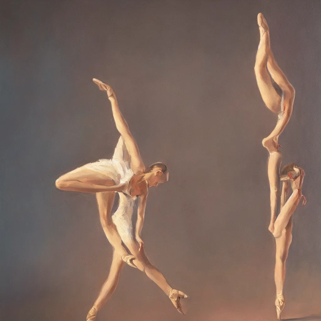 Prompt: a stunning oil painting of a singular ballerina in a spotlight, arabesque