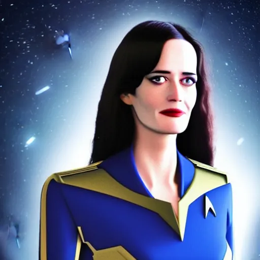 Image similar to a full body photograph of 3 0 year old eva green as a star fleet officer from star trek next generation, ultra rendered, extreme realism and detail, 8 k, completely framed, hyper realistic, direct lighting, 3 5 mm photo, photorealistic, sharp focus