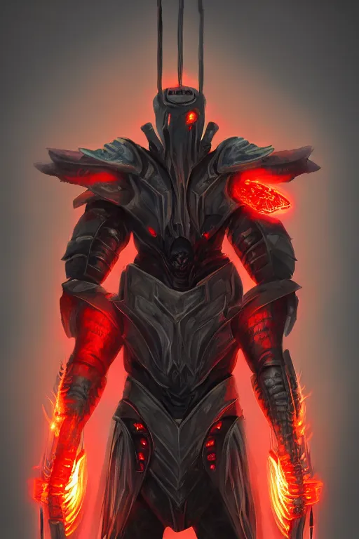 Image similar to futuristic fire knight with glowing red eyes and spines of fire poking out of his back, digital art, fantasy, trending on artstation, professional illustration, cgsociety, ultra detailed