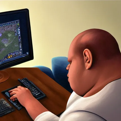 Prompt: photorealistic painting of a morbidly obese man playing runescape on his computer, shot from behind, 4 k, artstation