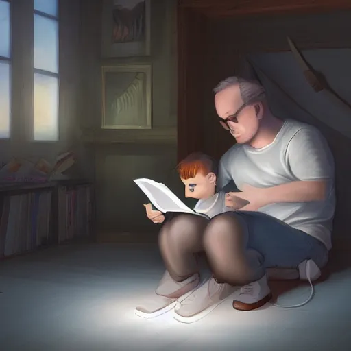 Prompt: a father reading to his son, octane rendering, art by justradiation, trending on pixiv, cinematic lighting