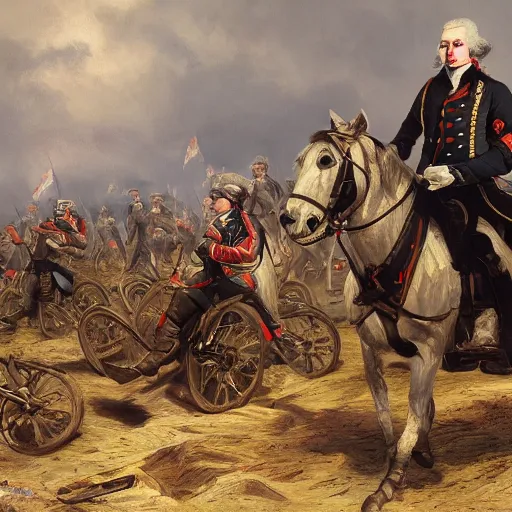 Image similar to George Washington rides a motorcycle to attack the British army in the revolutionary war, epic, cinematic, concept Art, detailed, 4K