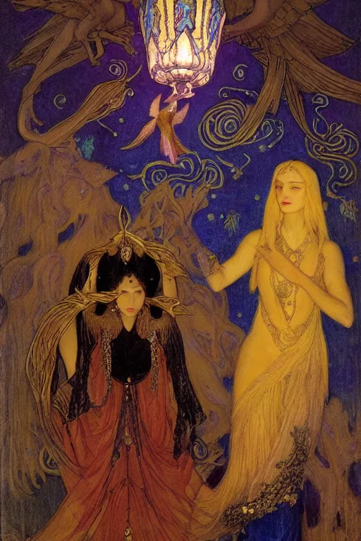 Image similar to queen of night with her lantern and birds, by Nicholas Roerich and Annie Swynnerton and jean delville and Gaston Bussière, black leather and embroidered velvet, iridescent beetles, rich color, dramatic cinematic lighting, extremely detailed