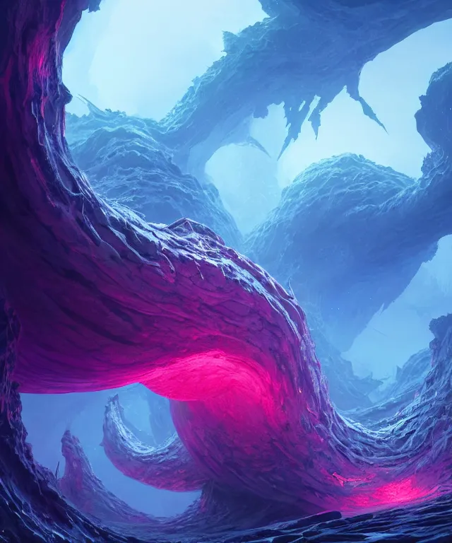 Image similar to charybdis, ultra wide angle, epic scale, fantasy, elegant, crisp 8 k line art, digital painting, artstation, unreal engine, octane render, emissive lighting, concept art, matte, sharp focus, hyper realistic lighting, illustration, deep royal blue and pink color scheme, art by dave kendall