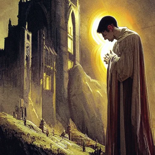 Image similar to A frightened young, thin and stern catholic priest in his thirties fervently praying as he is about to die from the ominous terrifying Lovecraftian yellow shadow descending upon him from the night sky. He is at the top of a medieval tower. Low angle, dramatic lighting. Art by Greg Rutkowski and Alphonse Mucha