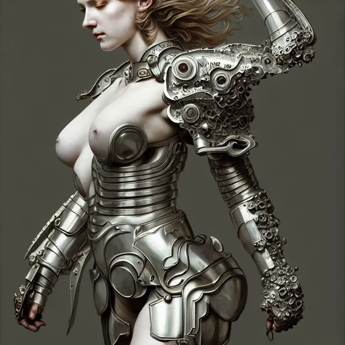 Prompt: porcelain cyborg armor, french neoclassical, diffuse lighting, fantasy, intricate, elegant, highly detailed, lifelike, photorealistic, digital painting, artstation, illustration, concept art, smooth, sharp focus, art by John Collier and Albert Aublet and Krenz Cushart and Artem Demura and Alphonse Mucha