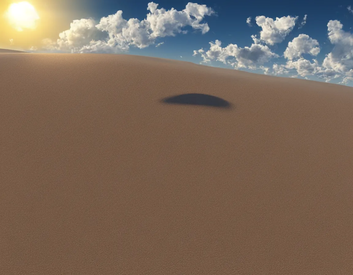 Image similar to 3 d rendering o photorealistic flying sandy beach flat planet, beautiful soft lighting, fluffy clouds