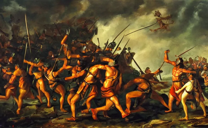 Image similar to oil painting of a spartan army charging against a giant cyclops,