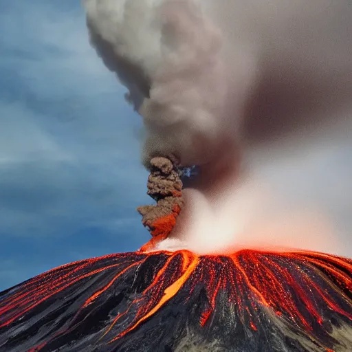 Prompt: erupting volcano on small spitting delicious donuts