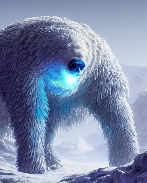 Prompt: a giant ice bear as a robot with an exe, hyper realistic, volumetric lighting, intricately detailed, cosmic horror, vibrant colors, art station, epic scale, art by greg rutkowski, art by ruth asawa, art by ted nasmith, art by h. r. giger, octane render, unreal engine 3 d, 8 k, dystopian