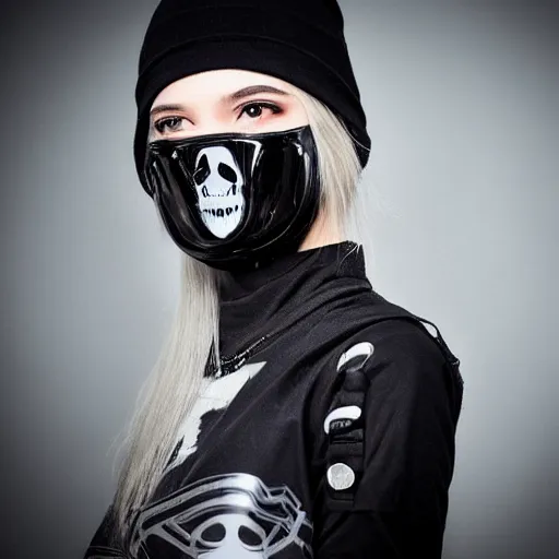 Image similar to very cool girl brilliant silver hair girl with a skull shaped ballistic face mask streetwear techwear cyberpunk style outfit full body nose piercing detailed portrait intricate comp