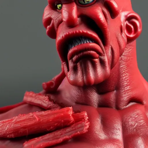 Image similar to realistic full size hellboy made out of whole twizzlers, render