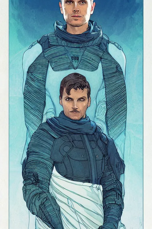 Image similar to frank herbert's dune themed majestic paul atreides blue eyed fremen prophet sketch by sachin teng, moebius, artgerm, alphonse mucha, masterpiece, intricate organic painting, matte painting, futuristic geometrical drawing shapes, desert ambience, hard edges, cinematic character art movie poster by drew struzan, graffiti, street art by sachin teng