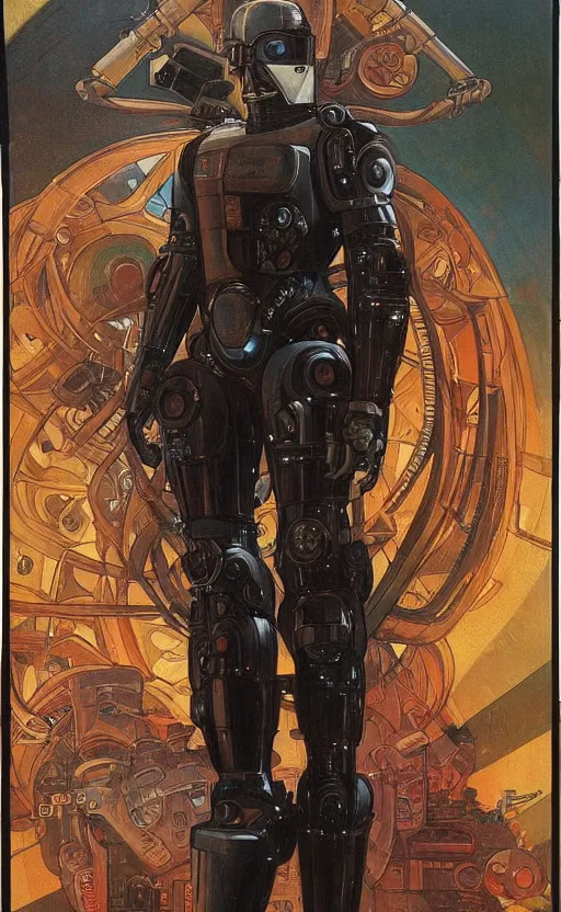 Image similar to cyberpunk robocop by mucha, oil painting