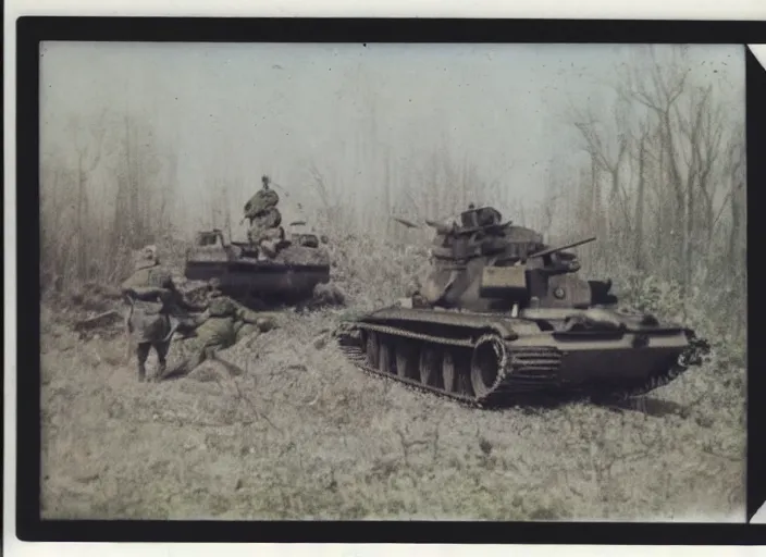 Image similar to found polaroid picture of a world war two 2 with a soviet mech war machine