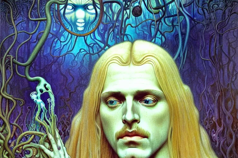 Image similar to realistic detailed portrait painting of a beautiful ghost man with blond hair with an alien, futuristic sci-fi forest on background by Jean Delville, Amano, Yves Tanguy, Alphonse Mucha, Ernst Haeckel, Edward Robert Hughes, Roger Dean, rich moody colours, blue eyes