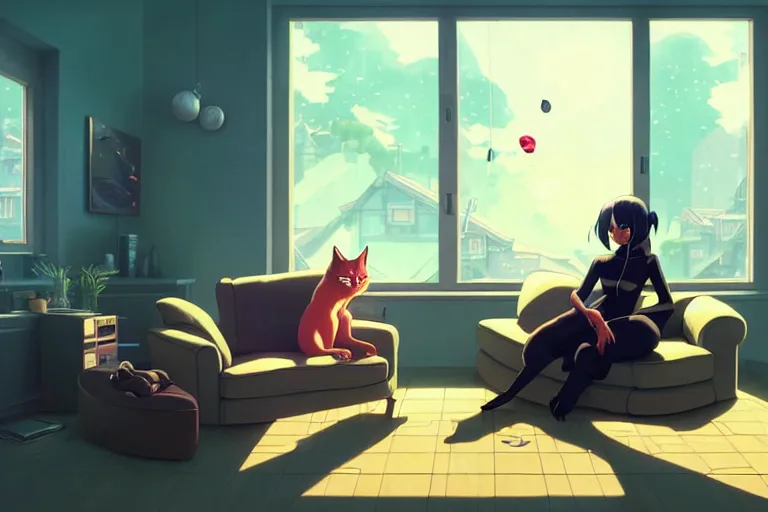 Image similar to a young woman sitting on a living room sofa playing xbox, a black cat is asleep next to her, wide angle shot from above, golden curve composition, animation portrait concept art, style of makoto shinkai, xision, james jean and peter mohrbacher, studio ghibli, artgerm, karol bak, dan mumford, 4 k hd, animation style