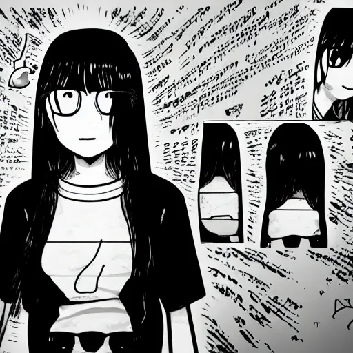 Prompt: panel of aiko tanaka in oyasumi punpun, manga, 8 k, 4 k, masterpiece, trending on artstation, art in the style of inio asano