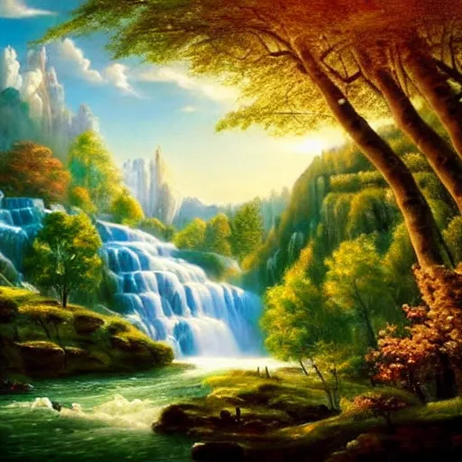 Image similar to the most beautiful panoramic landscape, oil painting, where a giant dreamy waterfall creates a river, the trees around are starting to bloom, cinematic lighting, highly detailed