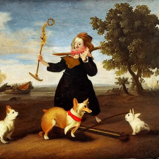 Prompt: dutch golden age painting of a corgi flying on a broomstick