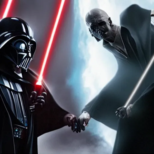 Image similar to voldemort vs darth vader, movie still photo,