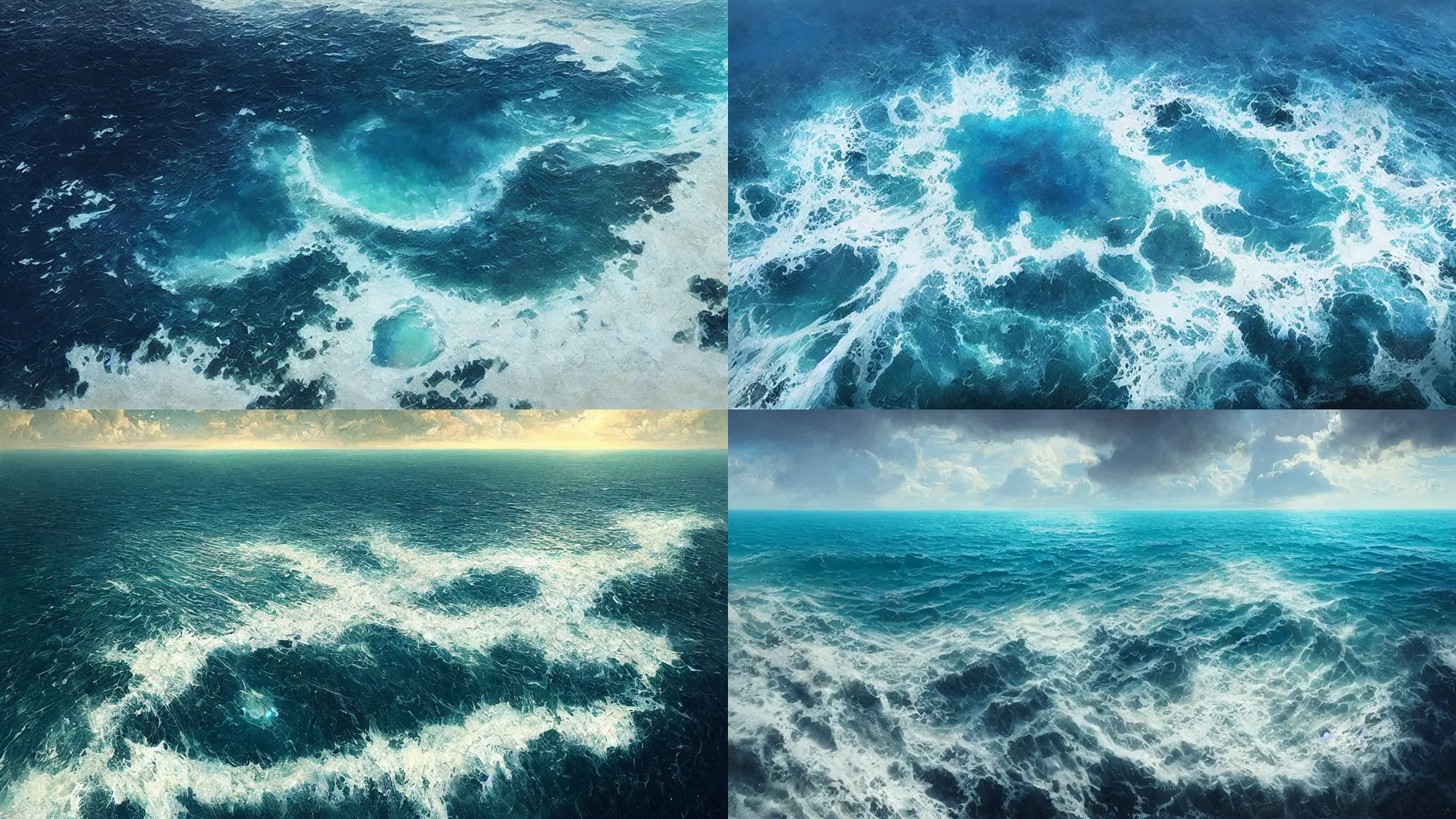 Prompt: clear blue ocean waters splitting apart to reveal ocean floor, dreamlike surrealism, dream recording, 4 k, award - winning, painting by greg rutkowski