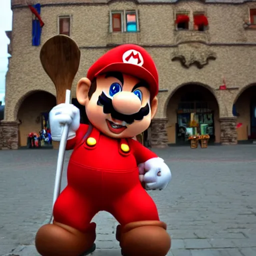 Image similar to Super Mario as an executioner holding an axe, overcast day, town square