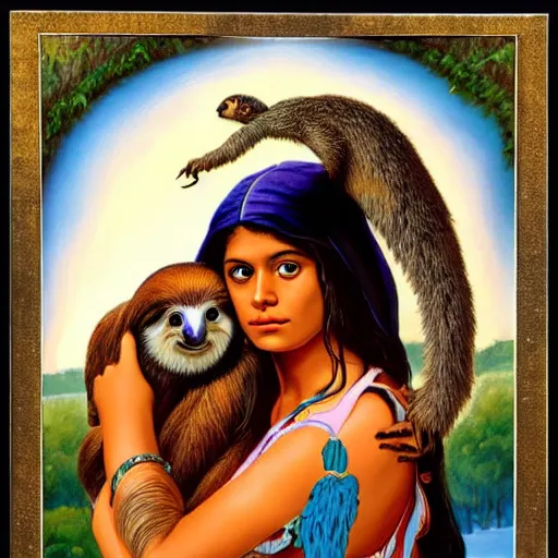 Image similar to a cottagecore beautiful young indian witch holding a cute sloth, highly detailed, masterpiece, illustrated, art by boris vallejo