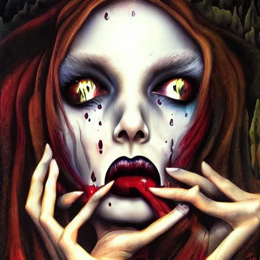 Image similar to a hyperrealistic painting of a beautiful gothic princess crying tears of blood, by Chris Mars, vivid color, highly detailed,