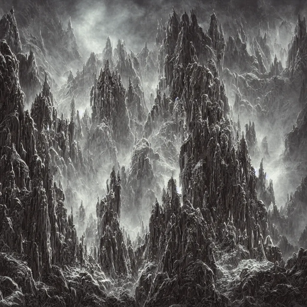 Image similar to dark medieval alien castles, grotesque towers and odd structures forming an ancient and powerful cityscape in the mountains of antarctica, upward cinematic angle, by rodney matthews, michael kaluta, and john byrne, fantasy art, intense atmosphere, stark winter night aesthetics, stunning composition, alien faces, monstrous statues, intricate, strange, ornate, digital art, hyperdetailed, colorful hyperrealism, photorealism, 8k